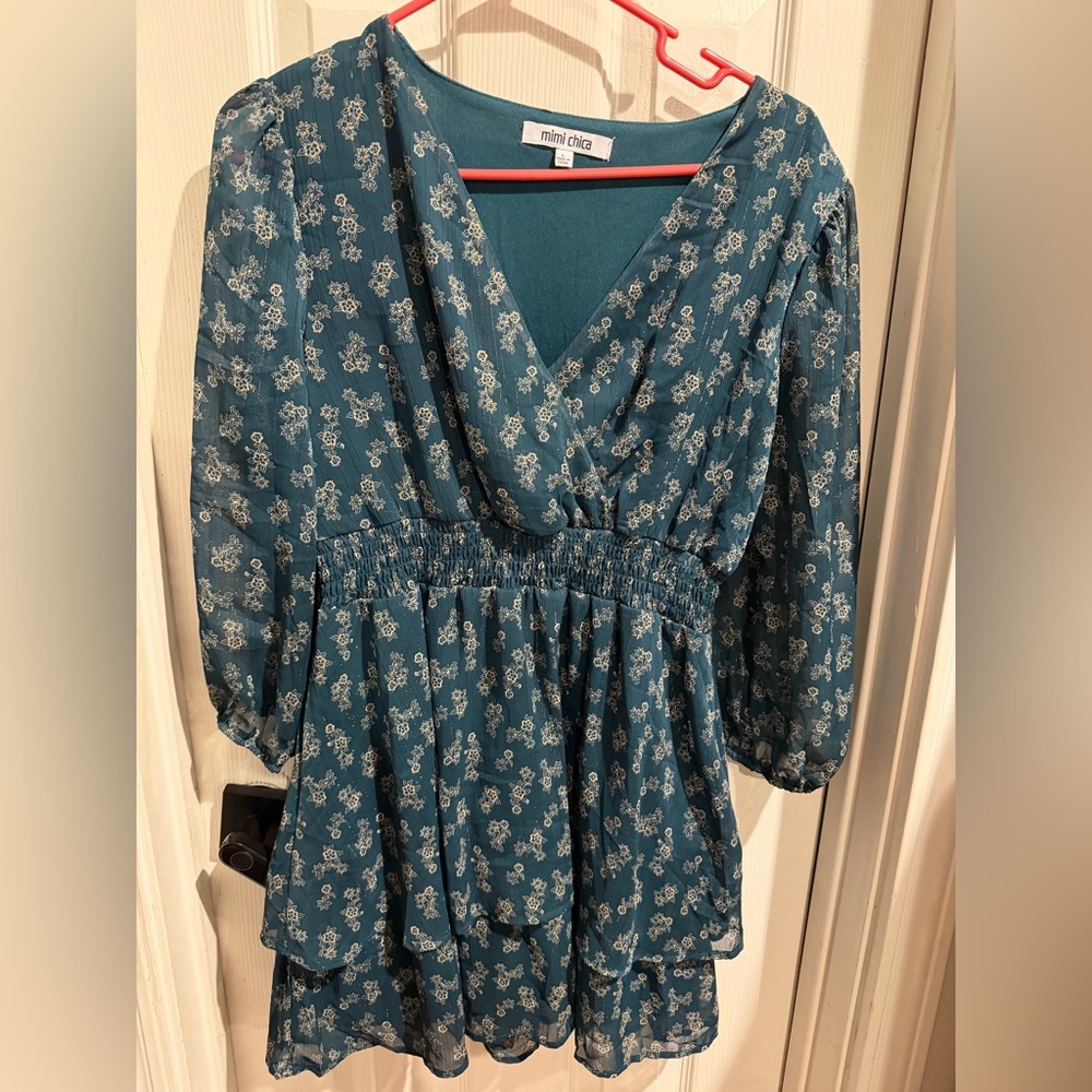 Mimi Chica Teal Floral V-Neck Dress